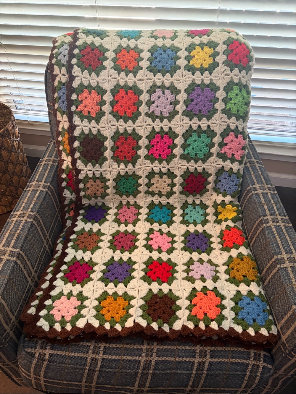 Beautiful Handmade Grandma Square Quilt, Multicolor w/ Chocolate Boarder - Picture 3 of 5
